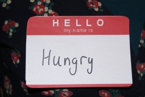 A name badge of one of the Jabberwocky crew reading "Hello, my Name is Hungry"
