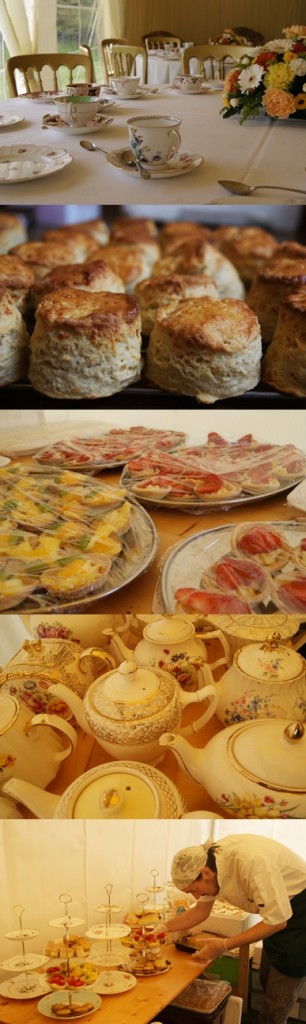 A marquee laid up for afternoon tea, some freshly backed cheese scones, fruit tarts, a host of tea pots and many, many cake stands.