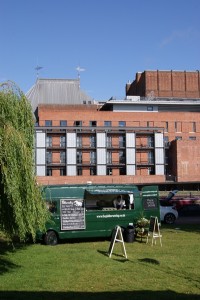 Our food truck in front of the RSC on the other side of the River Avon